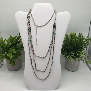 Elegant Long Silver Tone Necklace with Colorful Beads